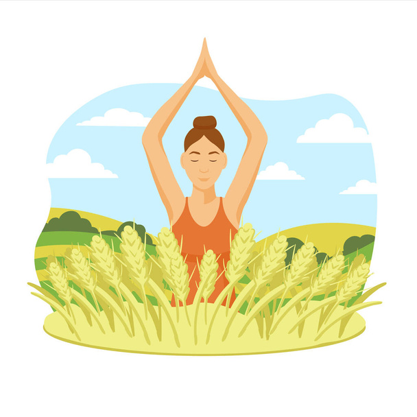 Chica haciendo yoga en la naturaleza ilustración. Personaje femenino medita con las manos arriba buena relajación. - Vector, imagen