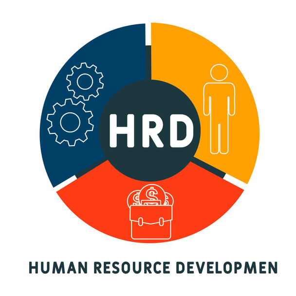 HRD - İnsan kaynakları geliştiricileri. Kısaltma iş konsepti. Anahtar sözcükler ve simgelerle vektör illüstrasyon kavramı. Web afişi, el ilanı, iniş sayfası, sunum simgeleri içeren harf çizimi - Vektör, Görsel