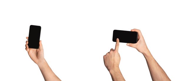 Νέοι που χρησιμοποιούν smartphones απομονώνονται σε λευκό φόντο. Mockup για κινητό τηλέφωνο app ή web site design - Φωτογραφία, εικόνα