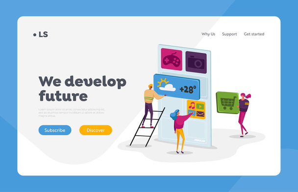 Ui Development Landing Page Template. Tiny Characters at Huge Mobile Phone Develop Application. Software Prototyping - Vector, Image