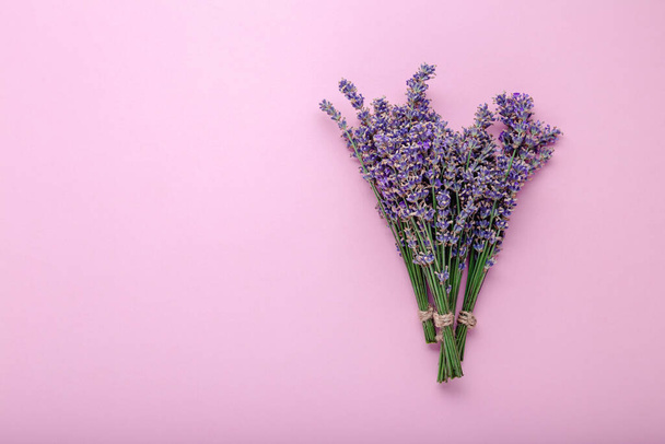 Fresh lavender flower bouquet on color background with copy space. Place for text. Flatlay purple herbal flower blossom. Lavender aromatherapy. Pink background. - Valokuva, kuva