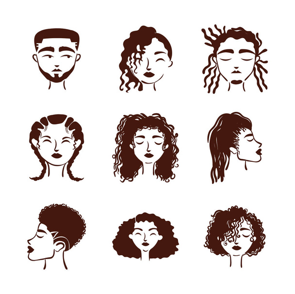 grupa dziewięciu afroetnicznych postaci awatarów - Wektor, obraz