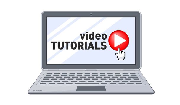 Online video tutorials education in Laptop notebook computer screen. Button and cursor of distance learning. Concept of online distance lesson . Illustration, Vector . - Vector, Image