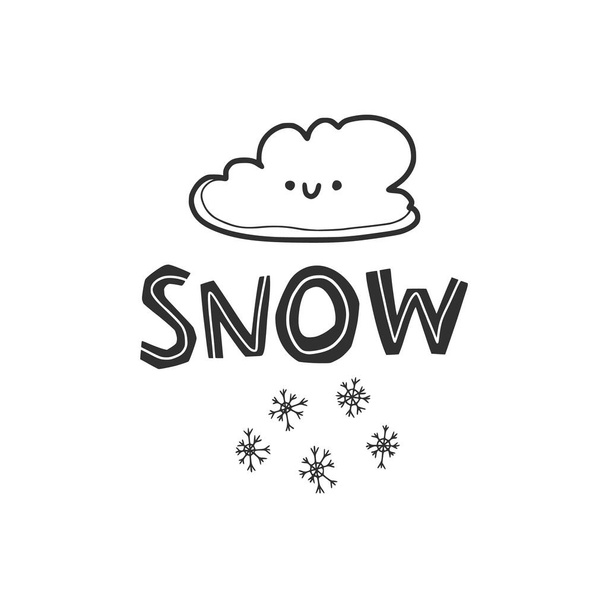 雪の結晶と雲の線形のドアの図面。字は「雪」。気象条件のかわいいカワイイイメージ。気象絵文字アイコン。手描きベクトル、隔離された白い背景. - ベクター画像