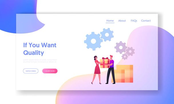 Upsell Landing Page Template. Seller Character Give Present to Woman Buyer. Upselling Marketing for More Profitable Sale - Vector, Image