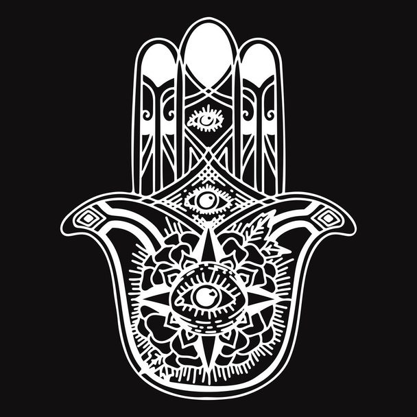 Hamsa dessiné à la main symbole bohème avec oeil. Élément religieux décoratif de style oriental. Fatima main vectorielle doodle avec tous les yeux de vue - Vecteur, image