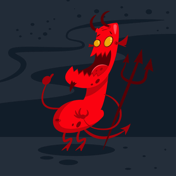 Paholainen helvetissä. Demoni, jolla on sarvet, häntä ja kolmikärki. Vektori sarjakuva kuva kuva punainen hirviö. - Vektori, kuva