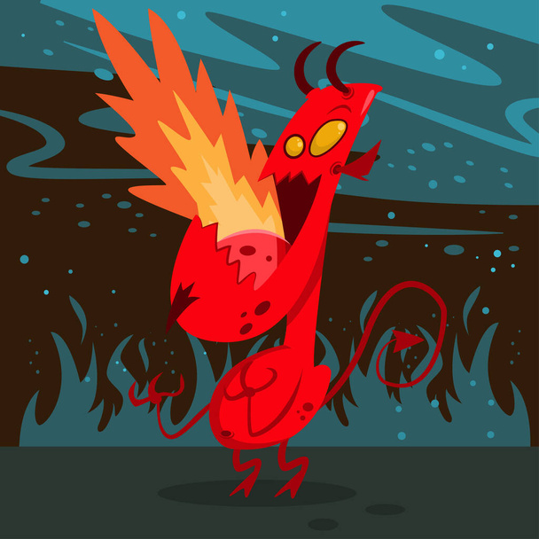 Devil in hell. Demon with horns, tail and fire from the mouth. Vector cartoon illustration of a red monster. - Vector, Image
