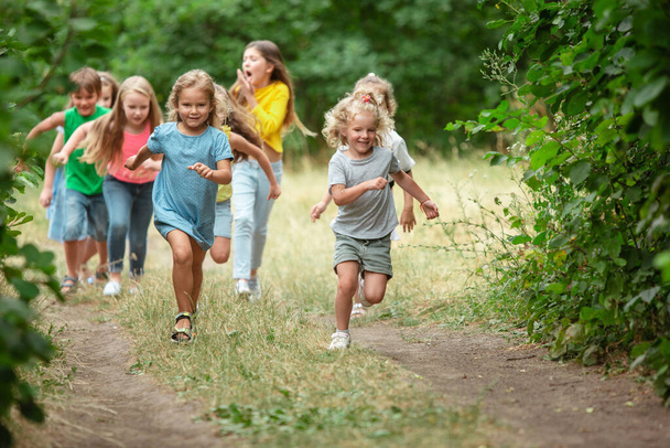 Kids, children running on green meadow, forest. Childhood and summertime - 写真・画像