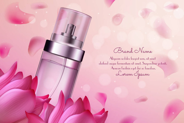 Καλλυντικά λουλουδιών vector illustration, φυσικό άρωμα, αρωματικό αρωματικό προϊόν σε ρεαλιστικό γυάλινο μπουκάλι σε ροζ floral φόντο με πέταλα λουλουδιών - Διάνυσμα, εικόνα