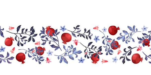 Seamless pattern, border from branches and pomegranate fruits on a white background. - Wektor, obraz