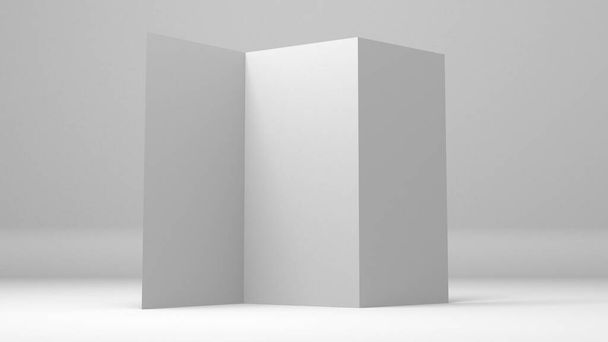 A4 papel en blanco trifold 3d representación sobre fondo gris. Ilustración de Lifleat 3d para maqueta - Foto, imagen