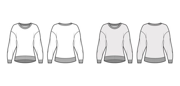 Хлопчатомахровый свитер с непринужденной подошвой, декольте, длинными джинсами. Плоский прыгун  - Вектор,изображение