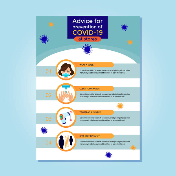 coronavirus / COVID-19, un póster de virus de prevención mientras se mantienen los protocolos de seguridad. ilustración vectorial. - Vector, imagen
