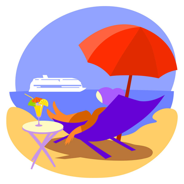  een perceel van de zomervakantie. Vrouw op een ligstoel onder een parasol - Vector, afbeelding