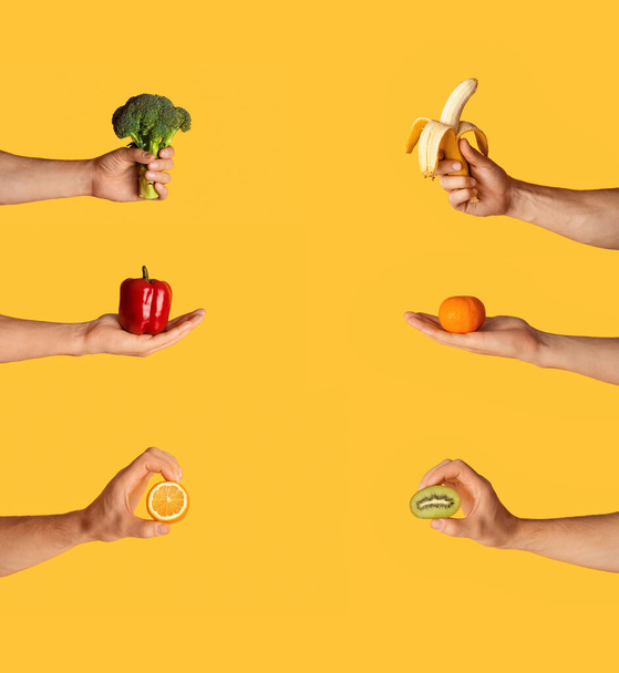 Υγιεινή διατροφή. Κολάζ με αρσενικά χέρια που κρατούν φρέσκα φρούτα και λαχανικά σε πορτοκαλί φόντο, ελεύθερος χώρος - Φωτογραφία, εικόνα