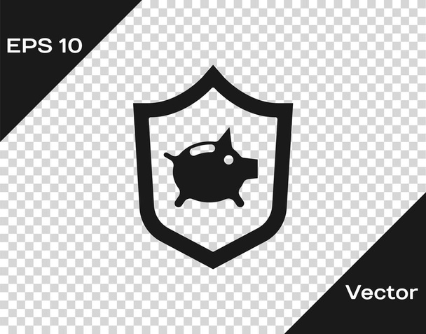 Black Piggy bank with shield icon isolated on transparent background. Saving or accumulation of money, investment. Insurance concept.  Vector.. - Vector, Image
