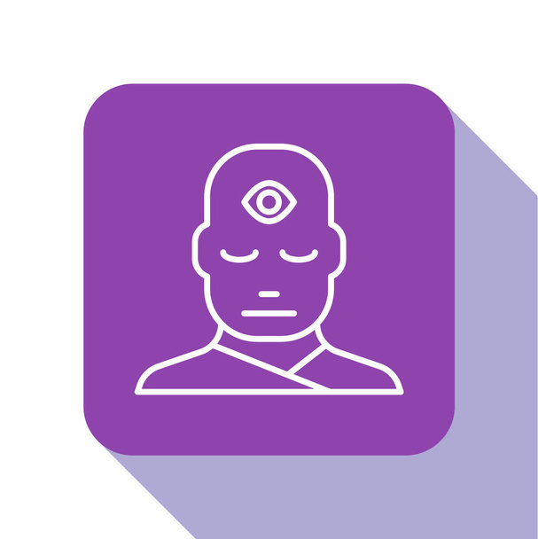 白の背景に3つ目のアイコンを持つホワイトラインマン。瞑想の概念,エネルギーのビジョン,オーラ.紫の四角形のボタン。ベクターイラスト. - ベクター画像