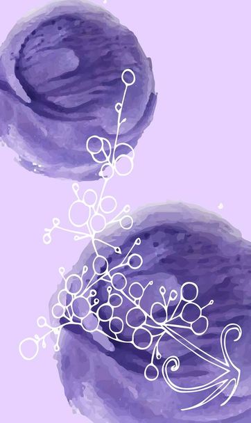 Pystysuora kortti akvarelli piireissä violetti, jossa on haara valkoisia marjoja. Stock vektori kuvitus suunnittelu ja sisustus, häät, kutsu, banneri, juliste. - Vektori, kuva