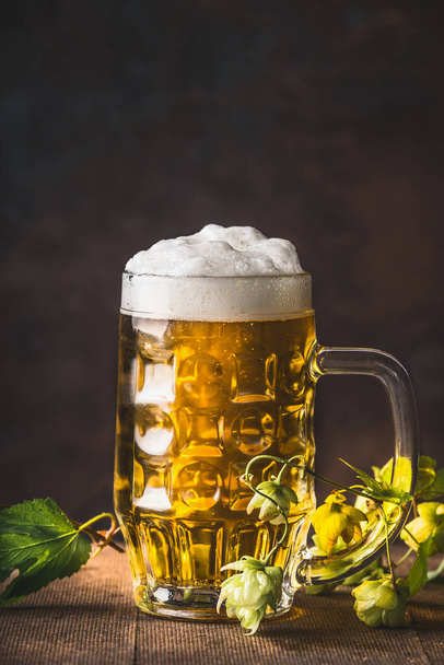 Mug of fresh beer with cap of foam and hops on dark background, front view - Fotó, kép