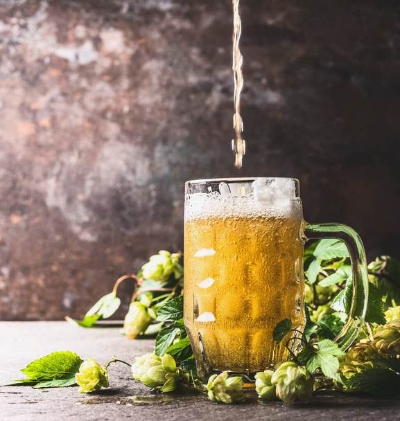 Beer pours into mug on table with fresh hops at dark rustic wall background, front view - Valokuva, kuva