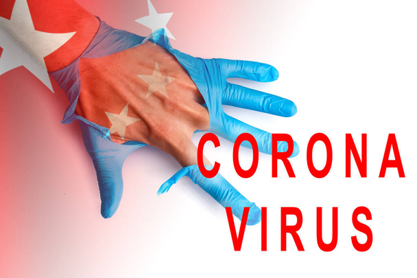 Lékařská ruka v lékařské rukavici, 2019-nCoV analýza v laboratoři. Novel Coronavirus pocházející z Wuhan, Čína. - Fotografie, Obrázek
