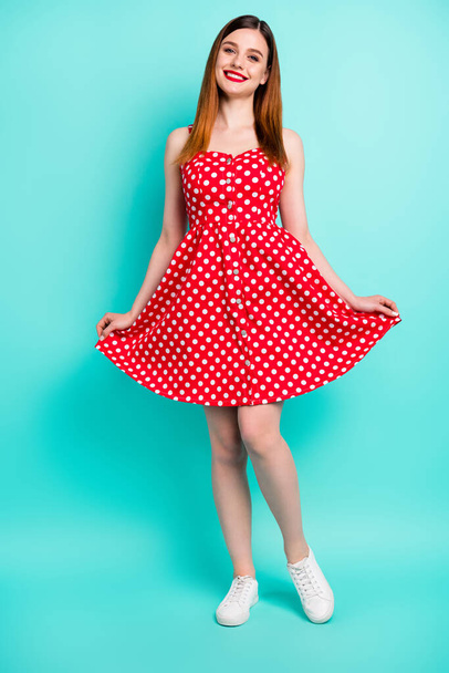 Full size photo of pretty friendly lovely girl enjoy summer weekend holiday touch red retro style sundress isolated over teal color background - Zdjęcie, obraz
