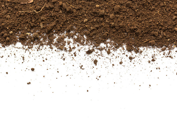 Dirty earth on white background. Natural soil texture - Photo, Image