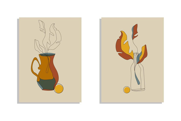 Abstrakte minimalistische Stillleben. Trendige Blattkunst. Handbemalte Hintergründe mit Vasen. Vektorillustration. - Vektor, Bild