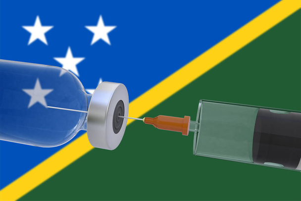Frasco do recipiente da vacina da Ilustração 3D acompanhado por uma seringa com bandeira das Ilhas Salomão covid19 covid-19 coronavirus. - Foto, Imagem