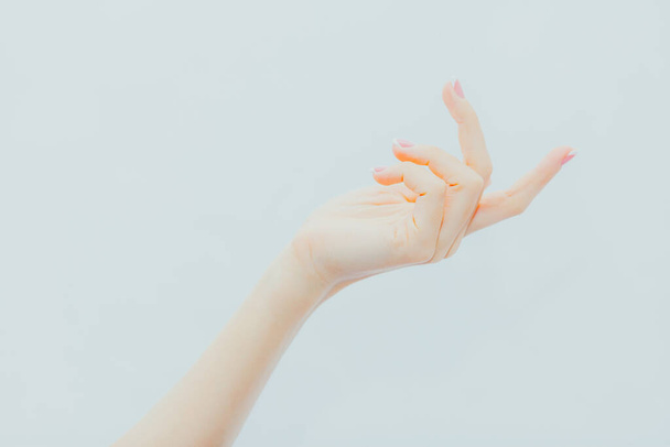 Female hand with french manicure on gray background. Side view - 写真・画像