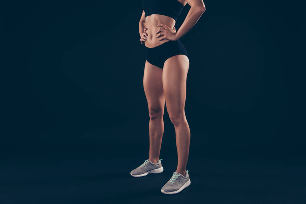 Cropped profile photo short sport suit lady amazing ideal figure stomach wait beginning training isolated black dark background - Фото, зображення