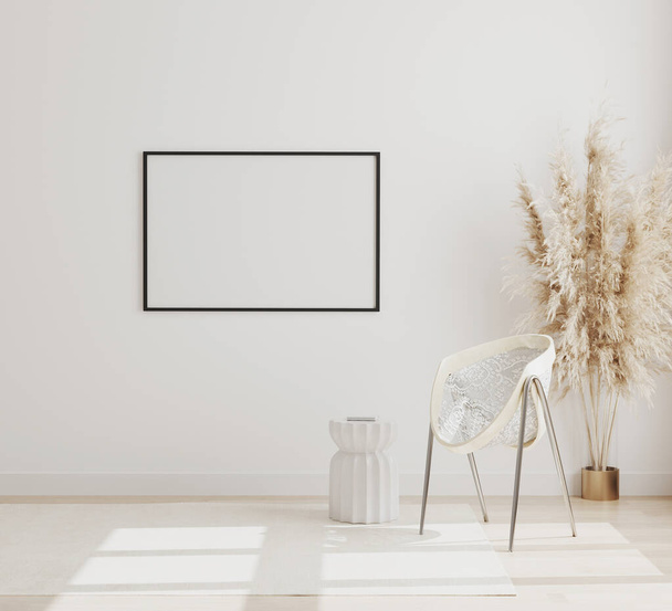 Blank horizontal picture frame mock up on white wall in modern interior background with chair and pampas grass on wooden floor, scandinavian style, 3d rendering - Photo, Image