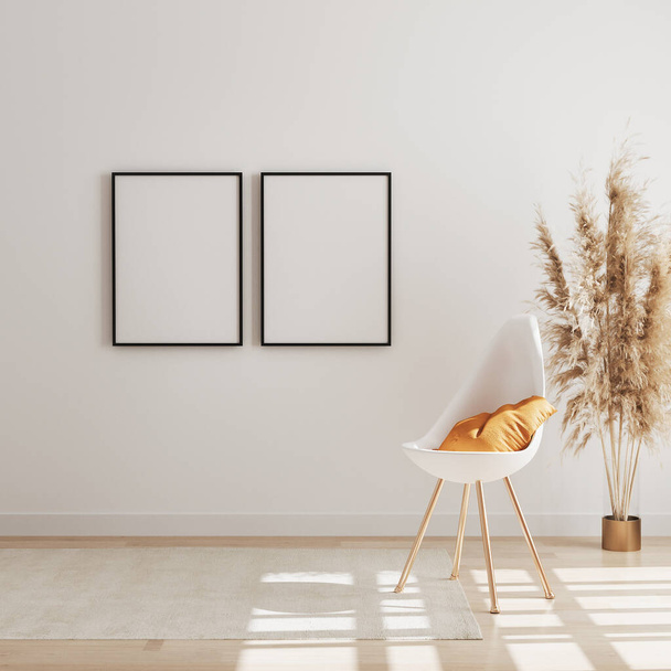 Marco vertical en blanco simulan en el fondo interior moderno con la silla y la hierba pampa, fondo interior de la sala de estar de lujo, estilo escandinavo, representación 3d - Foto, imagen