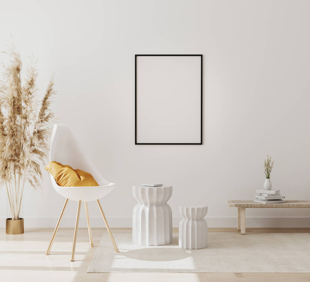 порожня вертикальна картина макет рамки в сучасному інтер'єрі з порожньою білою стіною, стільцем і травою для брошур, розкішний внутрішній фон вітальні, скандинавський стиль, 3d візуалізація
 - Фото, зображення