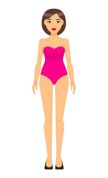 Simple cartoon character in underwear, white woman wearing pink bikini or bathing suit, swimsuit - Вектор,изображение