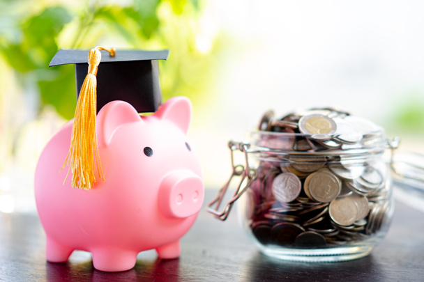 Save money coins in grass jar with piggy bank and graduation cap, Business finance education concept. - Valokuva, kuva