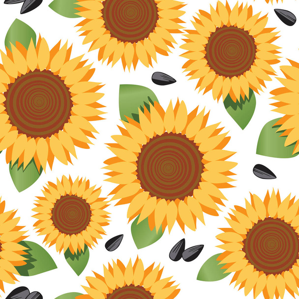 Seamless pattern with sunflower or color as for fabric, textile, paper, print. Endless flat vector stock illustration with yellow flower and sunflower seeds isolated on white background - Vetor, Imagem