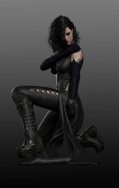 Sexy Vampire Witch Urban Fantasy Woman in Black Leather - Фото, изображение