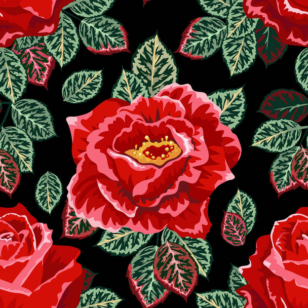 Naadloos patroon met rozenknoppen en bladeren. Grafische llustratie op zwarte achtergrond. Voor het ontwerp van sjaal, zakdoek, bruiloften, jurk, stoffen, behang, patroon, digitaal papier, kostuum - Foto, afbeelding