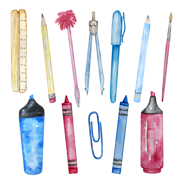 watercolor illustration isolated school supplies, stationery, pens, pencils, markers - Photo, Image