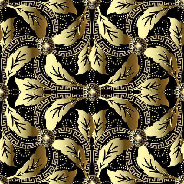 Vintage Baroque 3d vector seamless pattern. Ornamental floral background. Leafy luxury ornament. Repeat ornate backdrop. Jewelry design with gold flowers, leaves, dots, 3d greek mandalas, gemstones. - Wektor, obraz