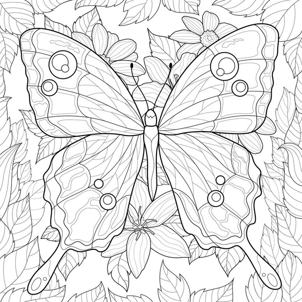 Butterfly on a background of flowers and leaves. Coloring antistress for children and adults. Illustration isolated on white background. Zen tangle style. Black and white drawing. - Vektör, Görsel