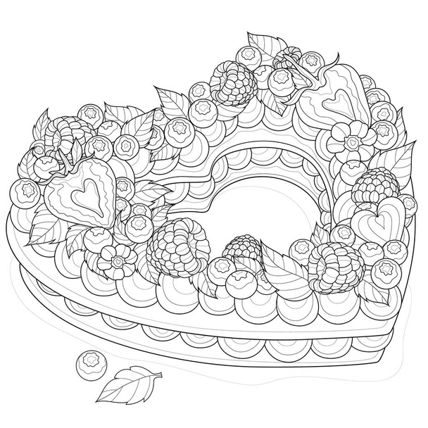 Herzförmiger Kuchen mit Erdbeeren, Himbeeren, Blaubeeren, Minze und Sahne. Leckere Süßigkeiten. Färbung Antistress für Kinder und Erwachsene. Zen-Wirrwarr. Schwarz-weiße Zeichnung - Vektor, Bild
