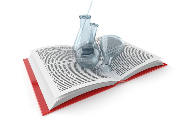 Φιάλες χημείας σε ανοιχτό βιβλίο απομονωμένες σε λευκό φόντο. 3D εικονογράφηση - Φωτογραφία, εικόνα