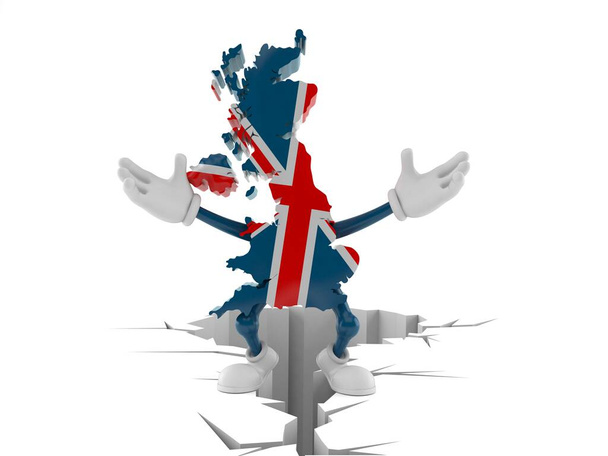 Χαρακτήρας του Ηνωμένου Βασιλείου στέκεται σε ραγισμένο έδαφος απομονωμένο σε λευκό φόντο. 3D εικονογράφηση - Φωτογραφία, εικόνα