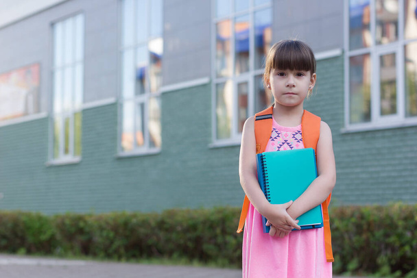 Cute little schoolgirl with backpack holding notebooks on the yard - Фото, зображення