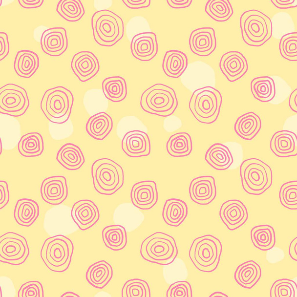 Textile print seamless pattern. Vector design with colorful hand drawn sketchy circles. Pink on yellow color. - Vector, afbeelding