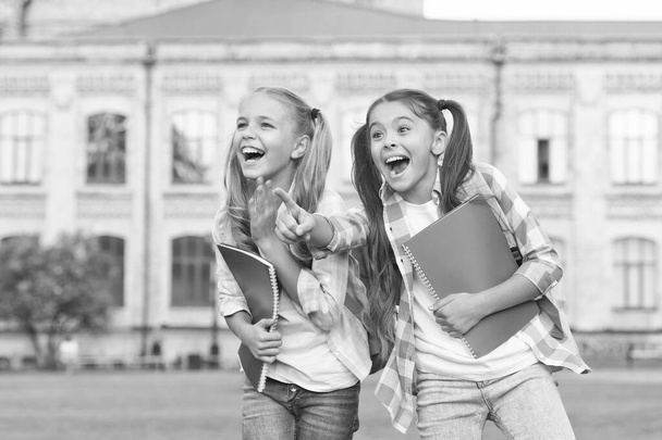 STEM summer camps and courses for kids. Happiness and joy. Smiling friends having fun at school yard. Happy schoolmates. School camp. Modern education. Teens with backpacks. Girls school background - Фото, изображение