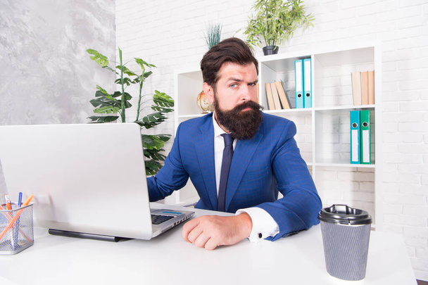 Man confident director work online laptop modern office, idea on his mind concept - Фото, изображение
